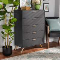 Baxton Studio LV19COD1923-Dark Grey-5DW-Chest Kelson Modern and Contemporary Dark Grey and Gold Finished Wood 5-Drawer Cheste